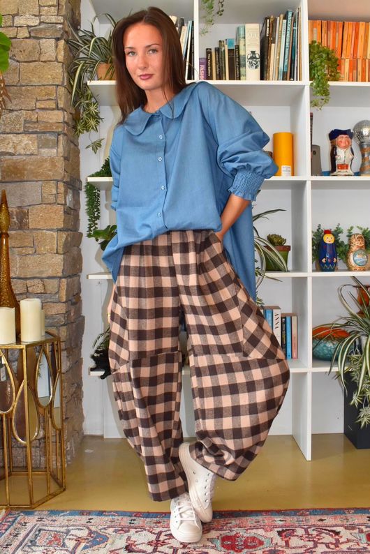 Nora Brushed Cotton Gingham Classic Barrel Pant Coffee Bean